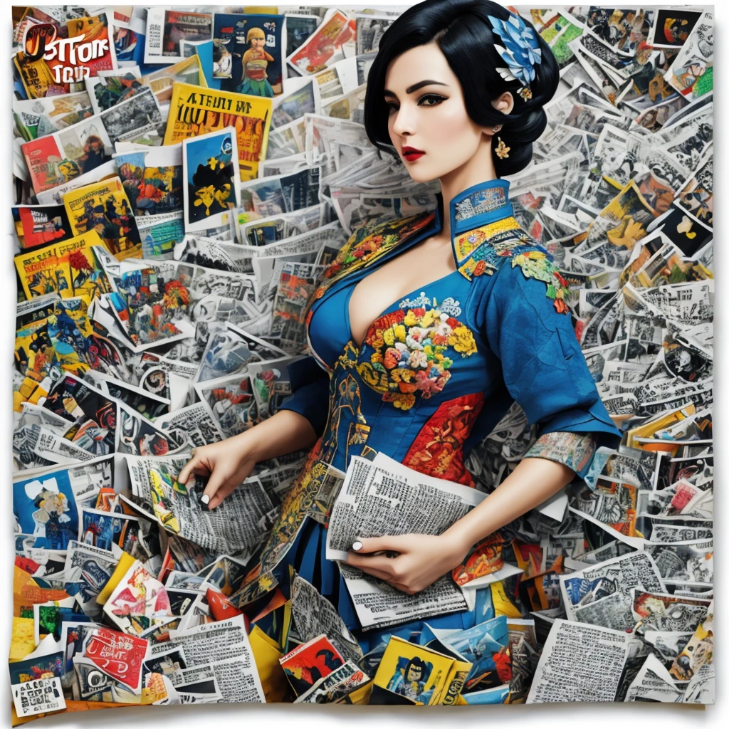 Ceramic art woman ,texture,mixmedia,collage of embroidery of newspaper,ink color style ,Comic book,cartoon,intricate details,sharp focus,3d, high resolution,by Luiza Lima, Mysterious