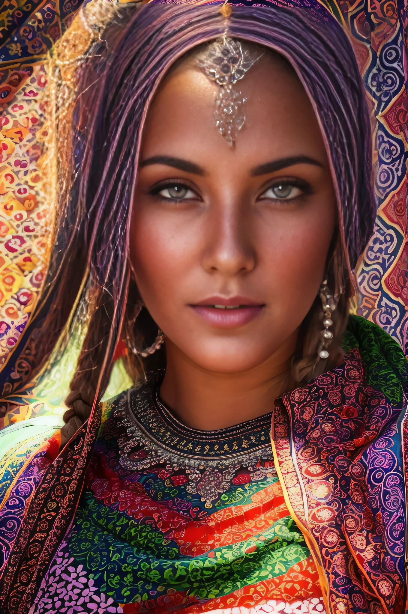 photo of alluring beautiful woman, curvy, sparkling, bright eyes, long braids, Moroccan flag waving, Amazigh traditional dress, Berber culture, Morocco lamps, (masterpiece) (best quality) (detailed) (8k) (HDR) (wallpaper) (cinematic lighting) (sharp focus) (intricate), cum