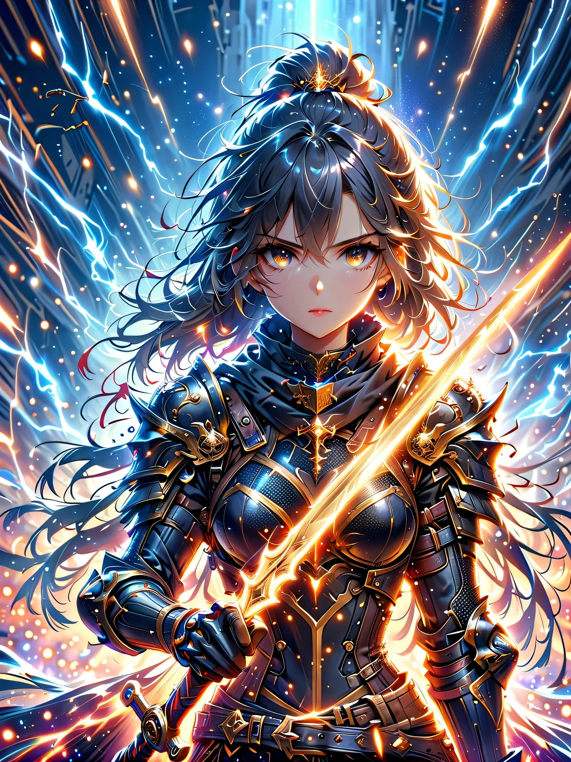 premium quality、masterpiece、highest quality、Super details、Super details、ultra high definition、perfect anatomy、blurred background、outdoor、Cherry blossomist road、studio lighting、bright future、for the audience、Pink and black armor、girl、holding sword、sword equipped with ral-elctryzt、ponytail、glow、shine、eye-catching、Hong Kong style，portrait，medium shot