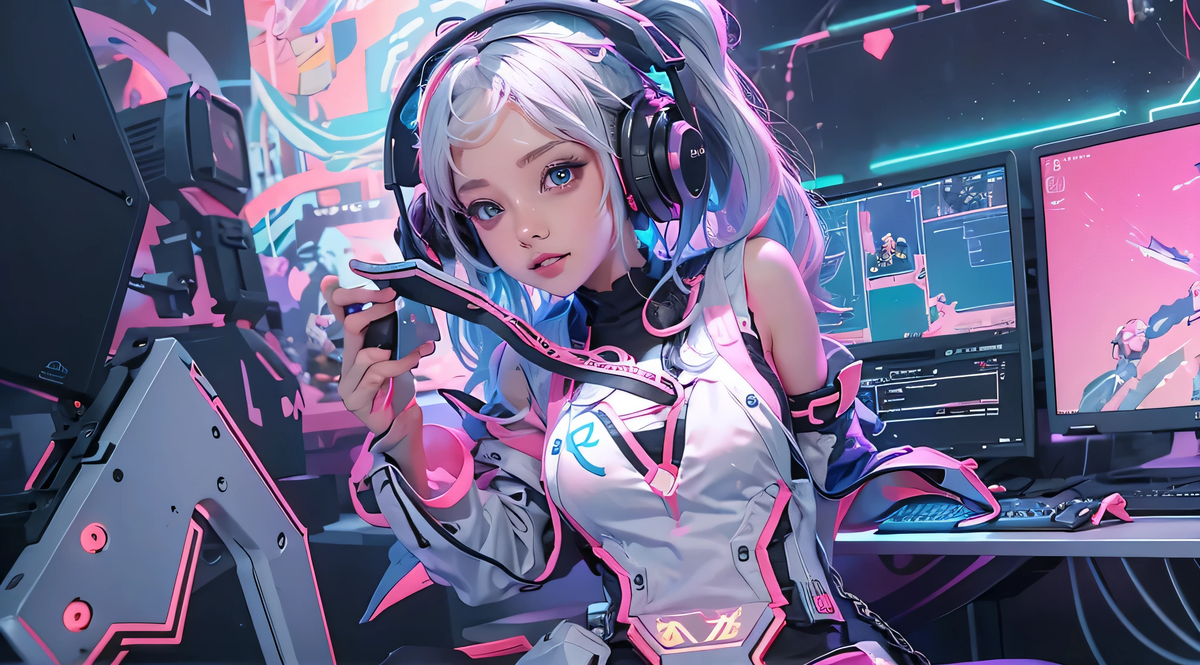 A girl with white hair, wearing a colorful outfit and cosplay costume, stands in a dynamic pose. She has a playful expression on her face as she enjoys playing video games. The girl is a gamer, immersed in her virtual world, holding a console controller in one hand and a keyboard in the other. She wears headphones, symbolizing her dedication to gaming. The scene is set in a brightly lit studio with soft lighting, enhancing the vivid colors of the girl’s outfit. The composition is creative and cartoonish, with a background scenery featuring artistic interpretation of video game elements. Glowing digital effects surround the girl, adding to the energetic and action-packed atmosphere. Electric blue accents are scattered throughout the image, giving it a mysterious and futuristic feel. Overall, the prompt aims to capture the fun, enthusiasm, and creativity associated with gaming, while showcasing the girl's passion and love for video games in an anime-style artwork.
Gamer girl grey hair sexy outfit slim body