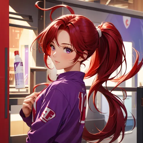1girl, red hair , purple soccer uniform , double ponytail hair