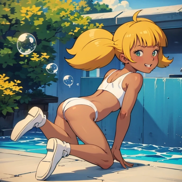 a tanned athletic girl, tan-lines, long  hair, greeneyes (shiny), pointy breasts, bubble butt, completely naked, pubic-hair, mischievous grin, Photographic scenery, wall with colorful graffiti, travesso, full body wide view, Rear view, Masterpiece artwork, qualidade hd