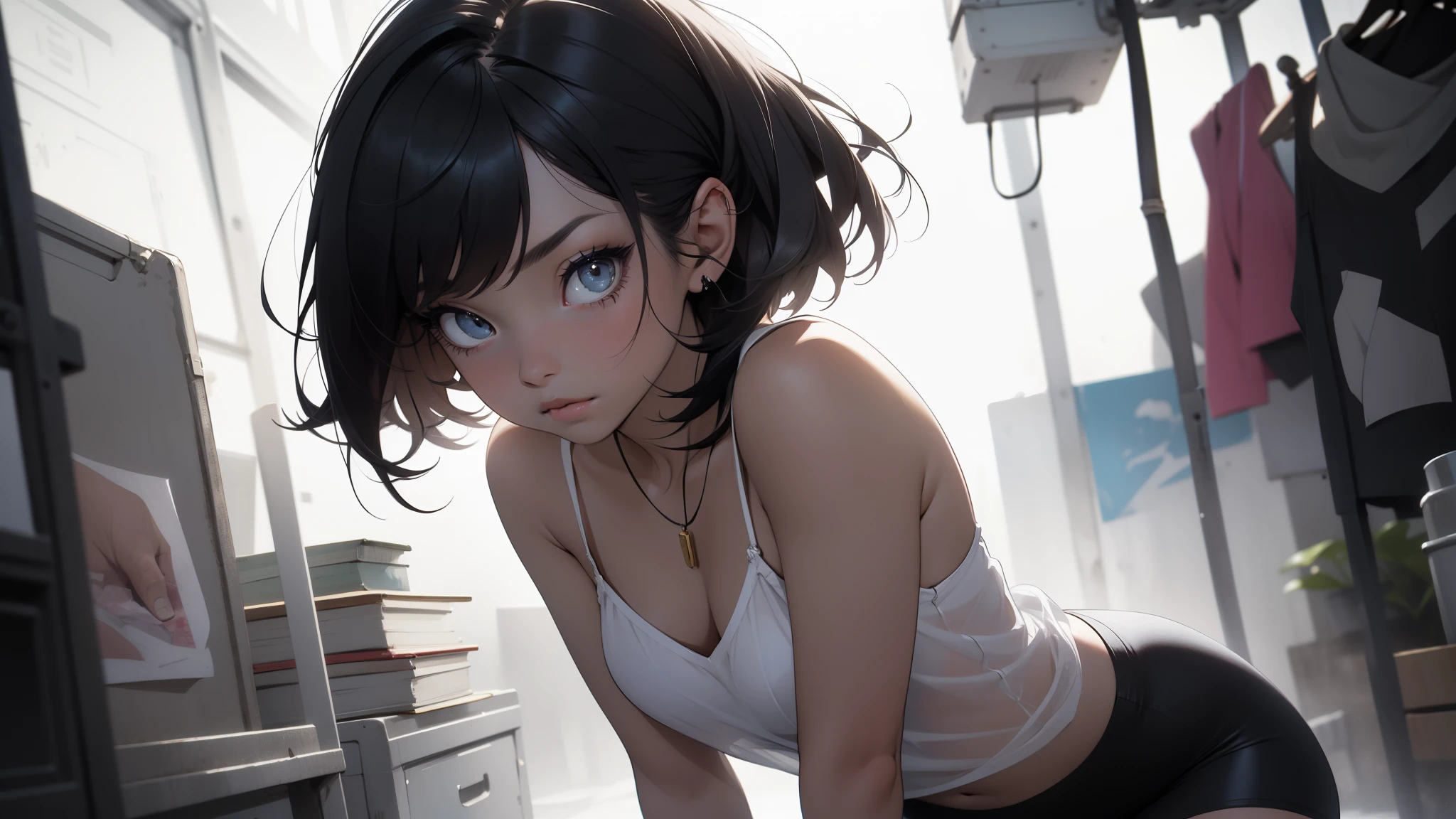 Anime girl in a white tank top and black shorts crouching down - SeaArt AI