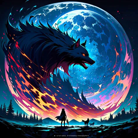 WOLF: a supernatural force embodied in a wolf, with black fur and a bone knife, set against a blue moon backdrop, surrounded by ...