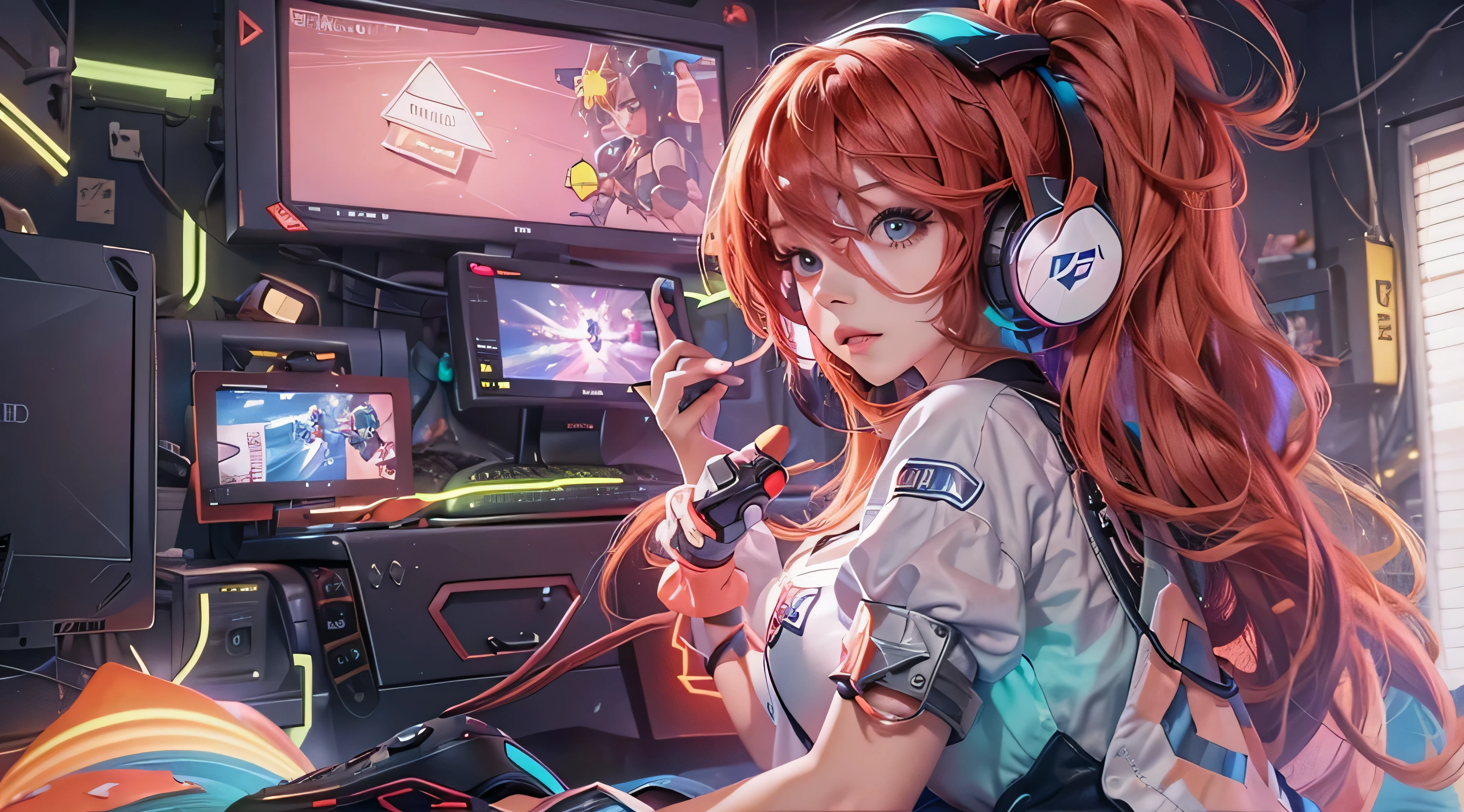 A girl redhead, wearing a colorful outfit and cosplay costume, stands in a dynamic pose. She has a playful expression on her face as she enjoys playing video games. The girl is a gamer, immersed in her virtual world, holding a console controller in one hand and a keyboard in the other. She wears headphones, symbolizing her dedication to gaming. The scene is set in a brightly lit studio with soft lighting, enhancing the vivid colors of the girl’s outfit. The composition is creative and cartoonish, with a background scenery featuring artistic interpretation of video game elements. Glowing digital effects surround the girl, adding to the energetic and action-packed atmosphere. Electric blue accents are scattered throughout the image, giving it a mysterious and futuristic feel. Overall, the prompt aims to capture the fun, enthusiasm, and creativity associated with gaming, while showcasing the girl's passion and love for video games in an anime-style artwork.
Gamer girl redhead sexy outfit slim body