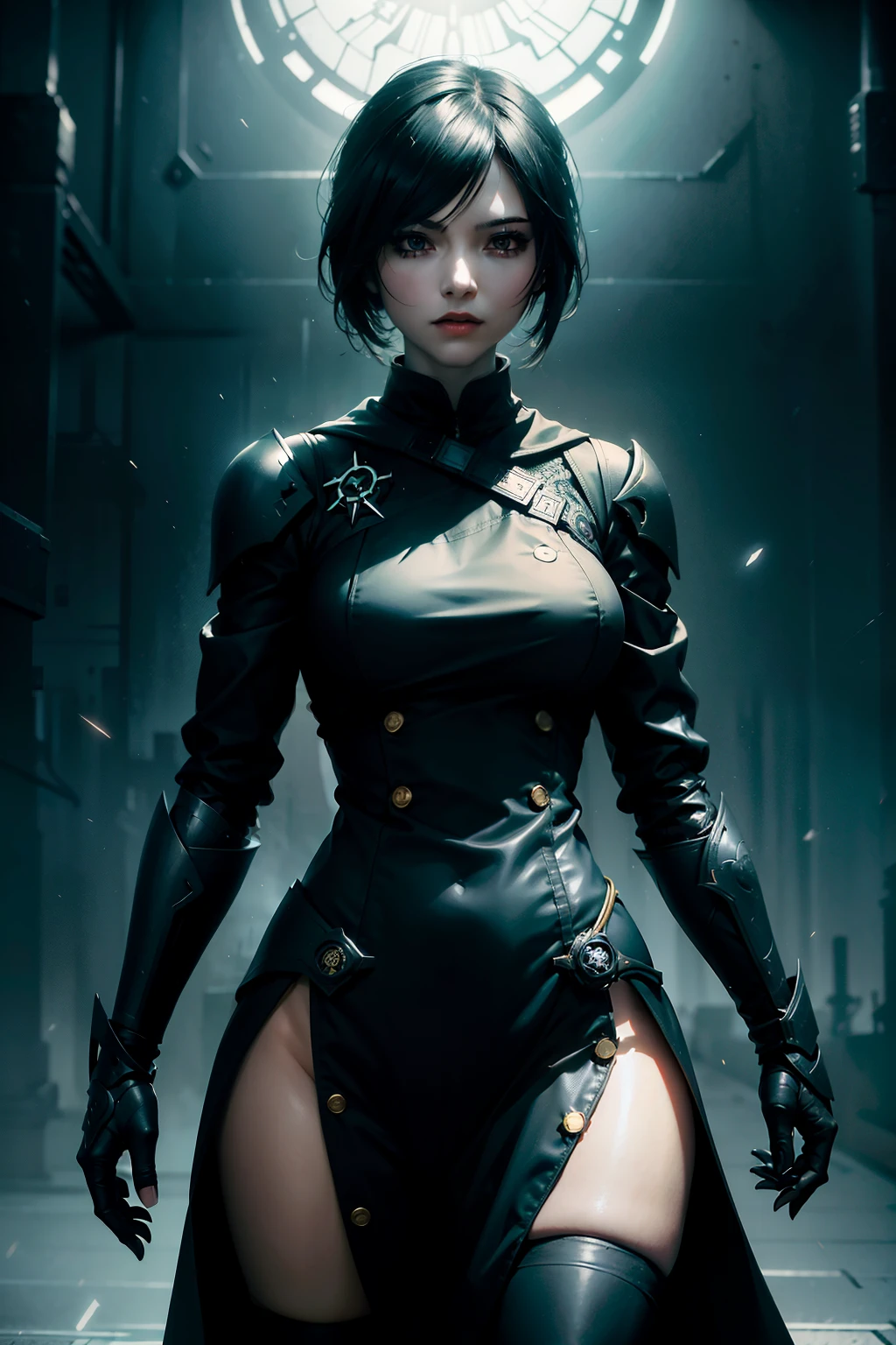 A ninja girl (((in Raymond Swanland aesthetic style::1))) dressesd in 2B - Nier Automata in ornate black & golden sci-fi armor & black cape, Textured, Aesthetic, Elegant Perfectionism, Subsurface scattering, Helical Prism, 8k uhd, glowing