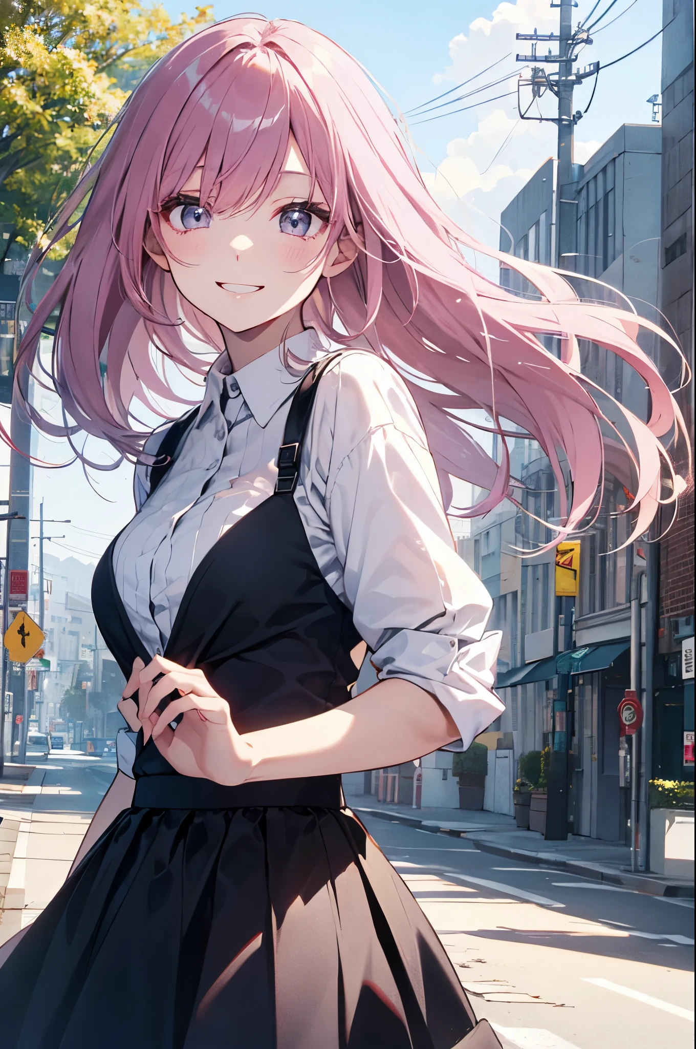 Anime girl with pink hair and black dress standing on street corner -  SeaArt AI