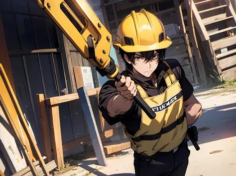 1 man, black hair, short hair, construction worker outfit, yellow helmet, holding a shovel on his right hand, sad facial express...