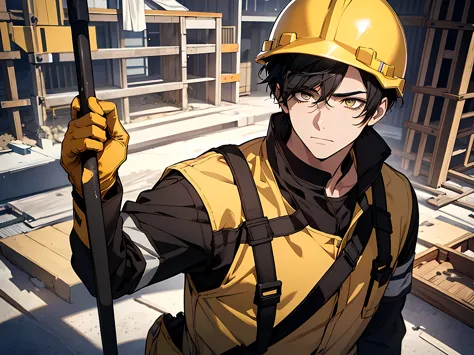 1 young man, black hair, short hair, construction worker outfit, yellow helmet, holding a shovel on his right hand, sad facial e...