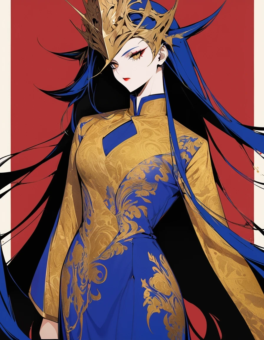  Domineering female CEO with exaggerated posture, Royal blue and gold fabric, Contrasting long hair, minimalist art, Pure Klein red background,, ink 。ink， Supremacist style 