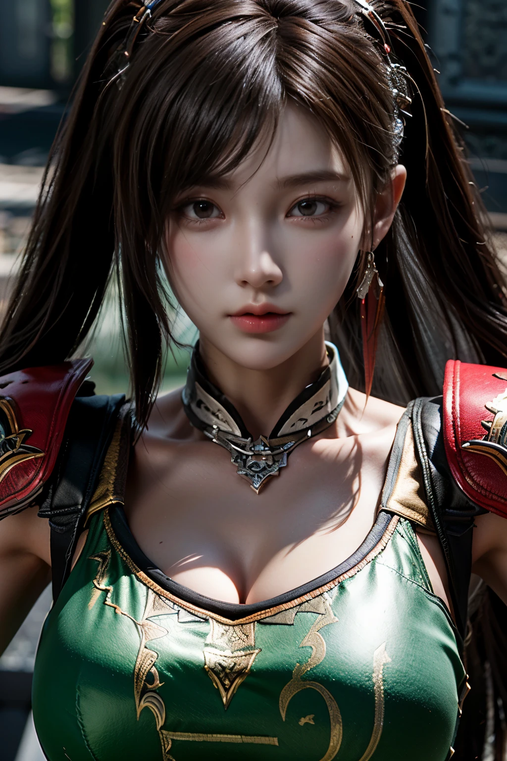 Game art，The best picture quality，Highest resolution，8K，(A bust photograph)，(Portrait)，(Head close-up)，(Rule of thirds)，Unreal Engine 5 rendering works， (The Girl of the Future)，(Female Warrior)， 
20-year-old girl，((Hunter))，An eye rich in detail，(Big breasts)，Elegant and noble，indifferent，brave，
（Medieval-style fur combat clothing，Glowing magic lines，Animal skin clothing with rich details,Red and white），Medieval Lady Knight，Medieval ranger，
photo poses，simple background，Movie lights，Ray tracing，Game CG，((3D Unreal Engine))，OC rendering reflection pattern