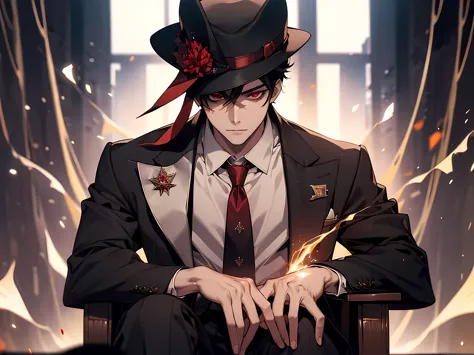 (masterpiece:1.2, best quality), muzanmale, 1boy, male focus, solo, sitting, hat, red eyes, formal, suit, black hair, chair, loo...