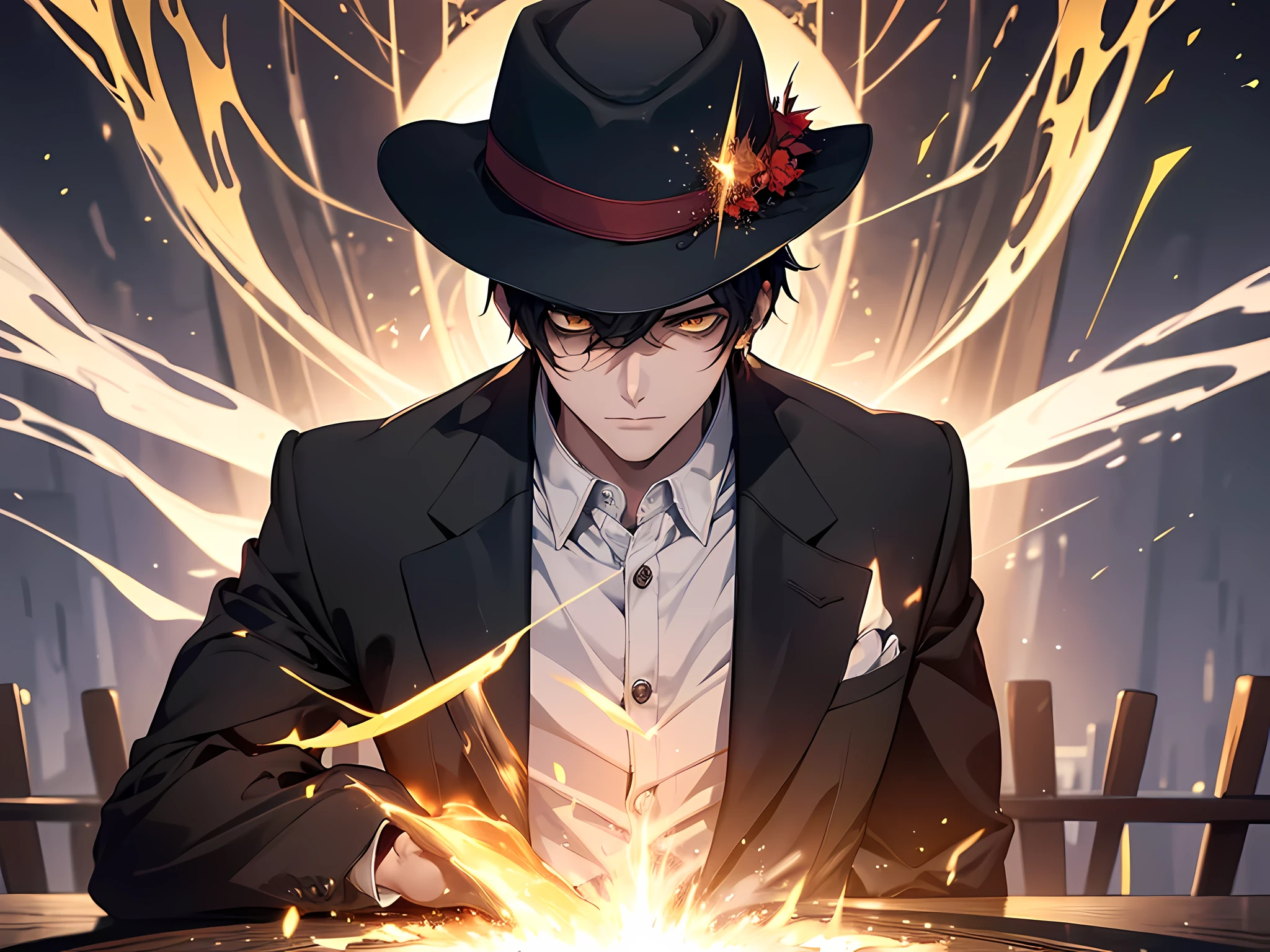 (masterpiece:1.2, best quality), MuzanMale, 1boy, male focus, solo, sitting, hat, yellow eyes, formal, suit, black hair, chair, looking at viewer, white fedora, cinematic lighting, demonic, red particles, detailed background, complex structures, hyperdetailed sharp face, dynamic pose