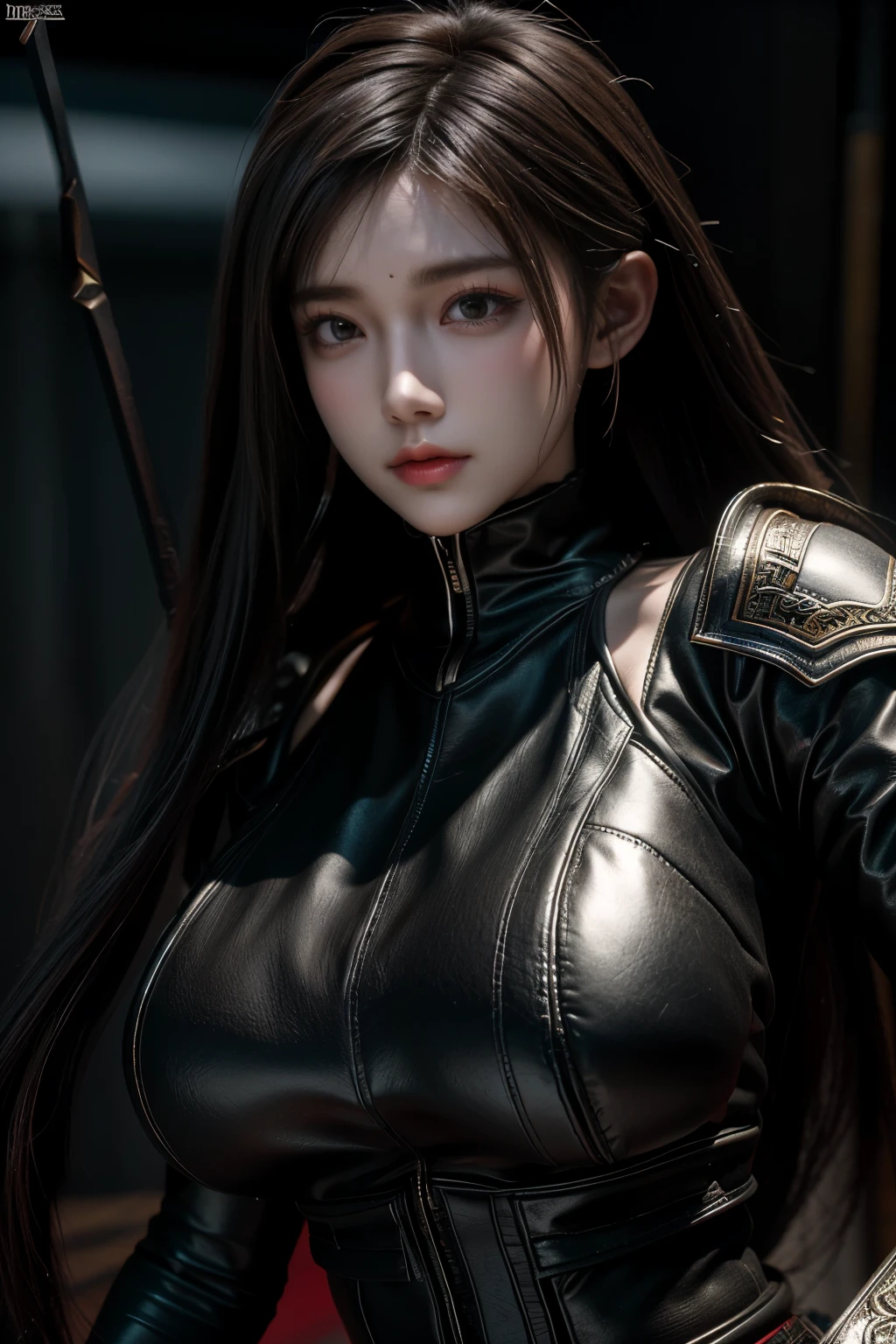 Game art，The best picture quality，Highest resolution，8K，(A bust photograph)，(Portrait)，(Head close-up)，(Rule of thirds)，Unreal Engine 5 rendering works， (The Girl of the Future)，(Female Warrior)， 
20-year-old girl，((Hunter))，An eye rich in detail，(Big breasts)，Elegant and noble，indifferent，brave，
（Medieval-style fur combat clothing，Glowing magic lines，Animal skin clothing with rich details,Red and white），Medieval Lady Knight，Medieval ranger，
photo poses，simple background，Movie lights，Ray tracing，Game CG，((3D Unreal Engine))，OC rendering reflection pattern