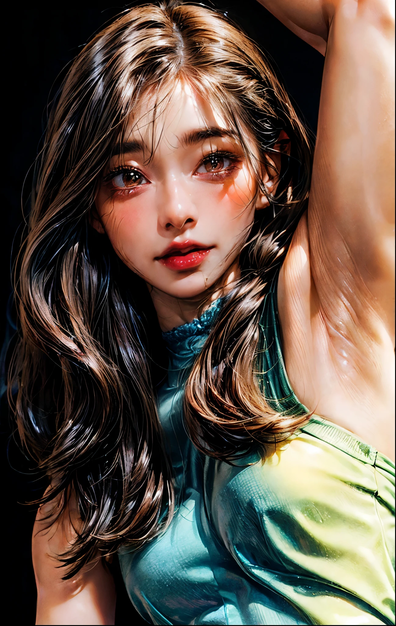 PM, Light brown eyes, (Japanese girl),1girl in, 27yr old, Innocence, (Photorealsitic),(best quality:1.4), (超A high resolution:1.2), 超A high resolution, (A detailed eye), (detailed facial features), nfsw, 8k resolution, (lensflare:0.7),(small breasts:1.4),(bushy eyebrows),straight eyebrows,low eyebrows,(thick lips:1.3),(glossy lips:1.3),(lipstick,blue lips:1.2),(blush),black hair,(brown eyes), wide forhead,(armpit hair:1.3),