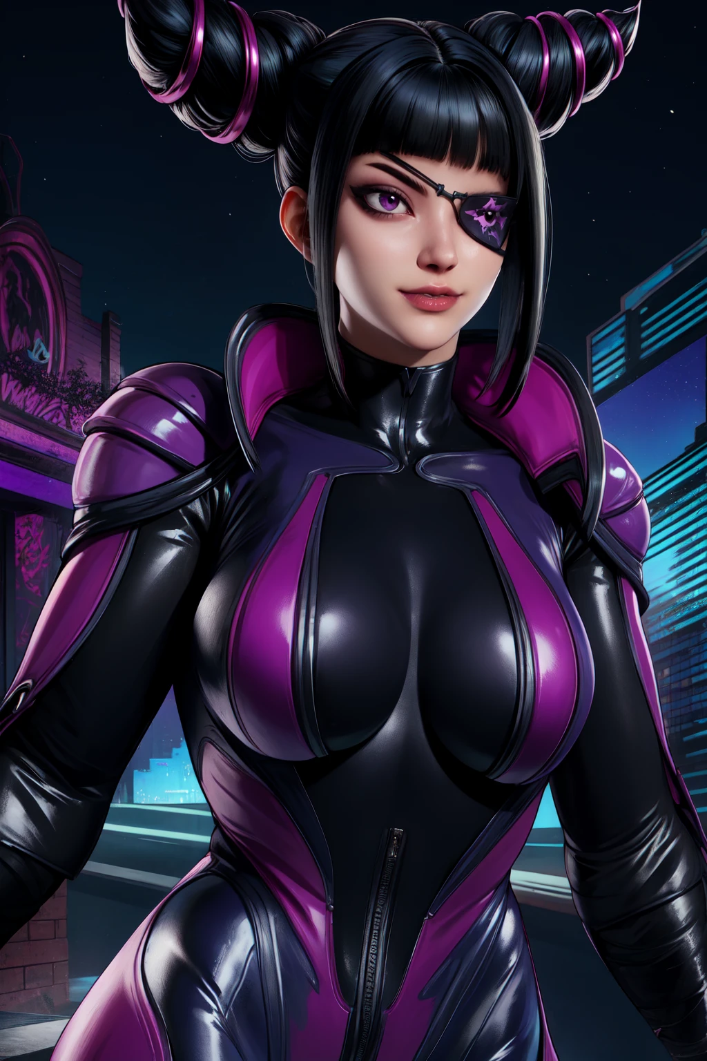 Juri , black hair,two-tone hair, hair horns, purple eyes, eyepatch,  
bodysuit, clothing cutout, 
standing, upper body, evil smile, 
night club,
(insanely detailed, beautiful detailed face,beautiful detailed eyes, masterpiece, best quality) , solo, dinamic poses, shinning eyes, walking, laying, sitiing, dinamic poses