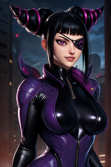 Juri , black hair,two-tone hair, hair horns, purple eyes, eyepatch,  
bodysuit, clothing cutout, 
standing, upper body, evil smi...