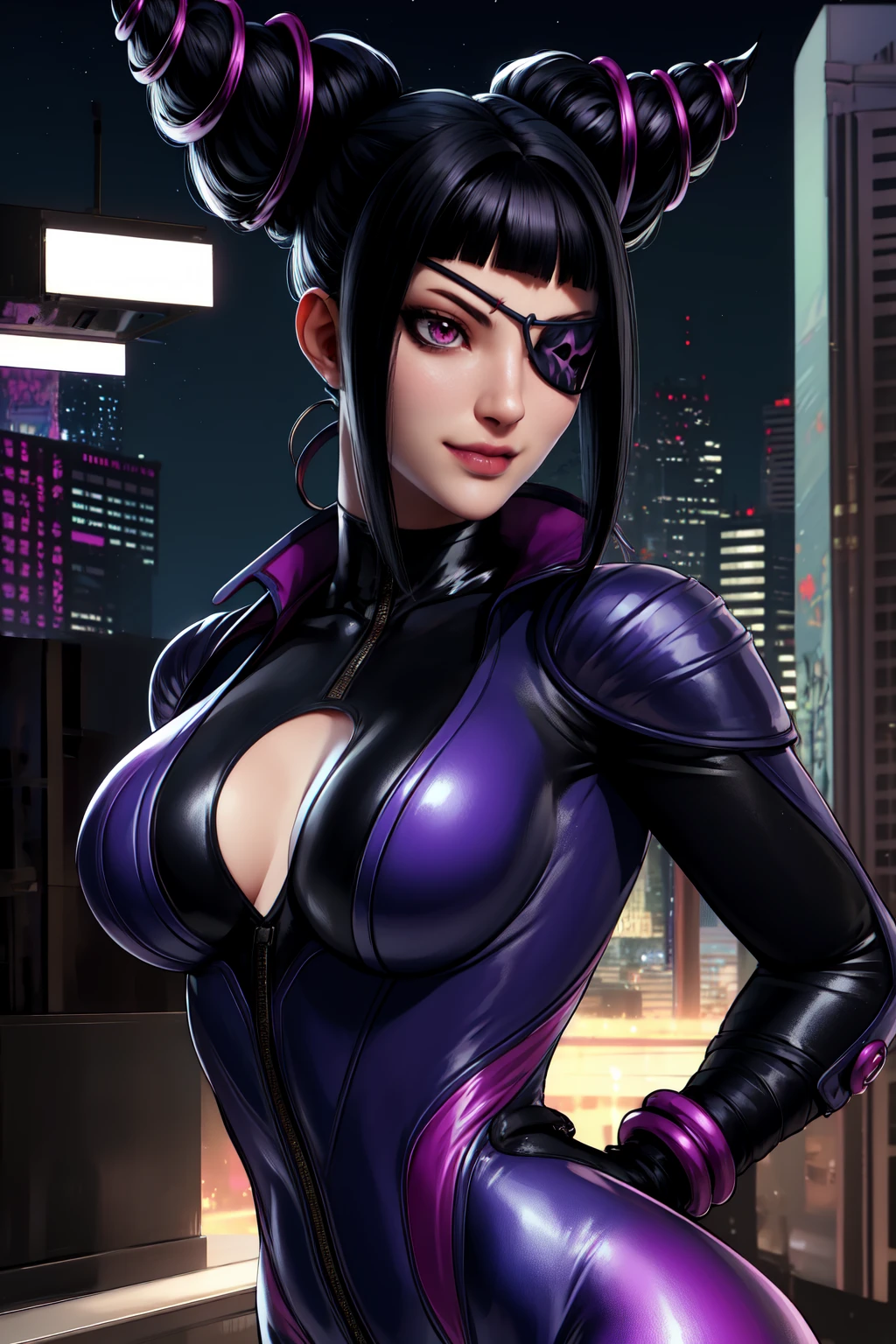 Juri , black hair,two-tone hair, hair horns, purple eyes, eyepatch,  
bodysuit, clothing cutout, 
standing, upper body, evil smile, 
night club,
(insanely detailed, beautiful detailed face,beautiful detailed eyes, masterpiece, best quality) , solo, dinamic poses, shinning eyes, walking, laying, sitiing, dinamic poses