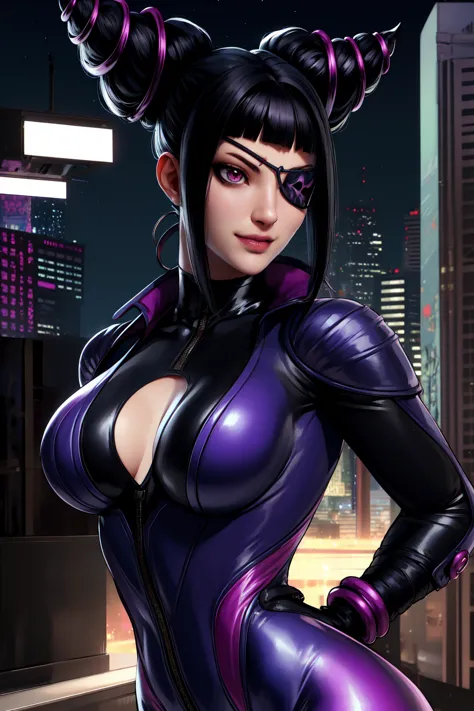 juri , black hair,two-tone hair, hair horns, purple eyes, eyepatch,  
bodysuit, clothing cutout, 
standing, upper body, evil smi...