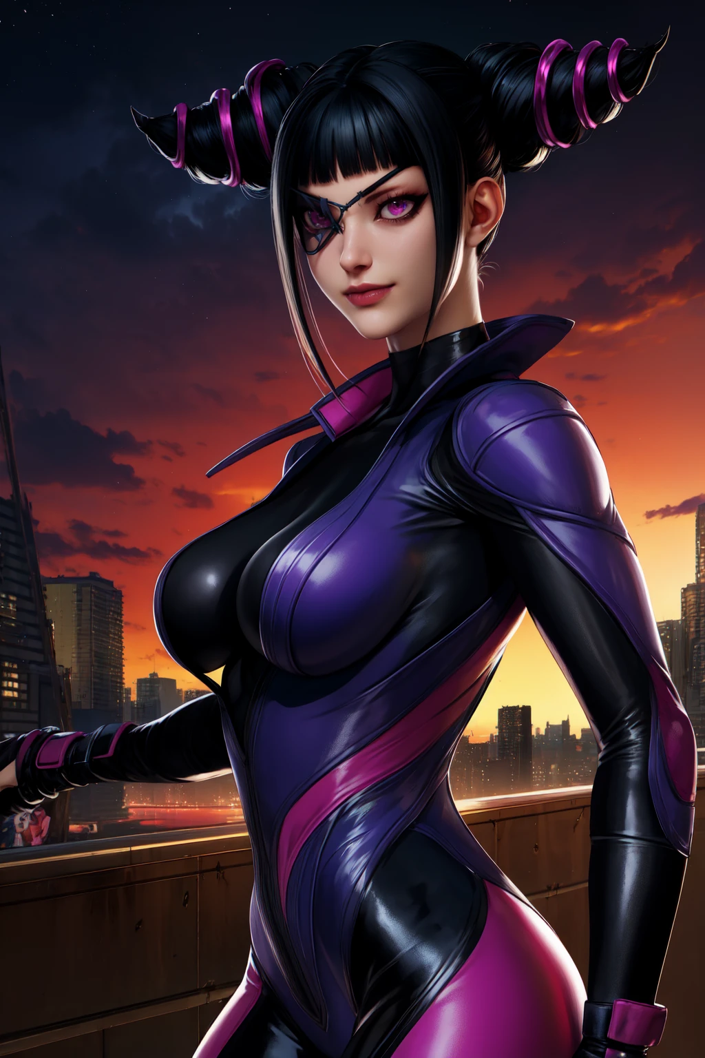 Juri , black hair,two-tone hair, hair horns, purple eyes, eyepatch,  
bodysuit, clothing cutout, 
standing, upper body, evil smile, 
night club,
(insanely detailed, beautiful detailed face,beautiful detailed eyes, masterpiece, best quality) , solo, dinamic poses, shinning eyes, walking, laying, sitiing, dinamic poses