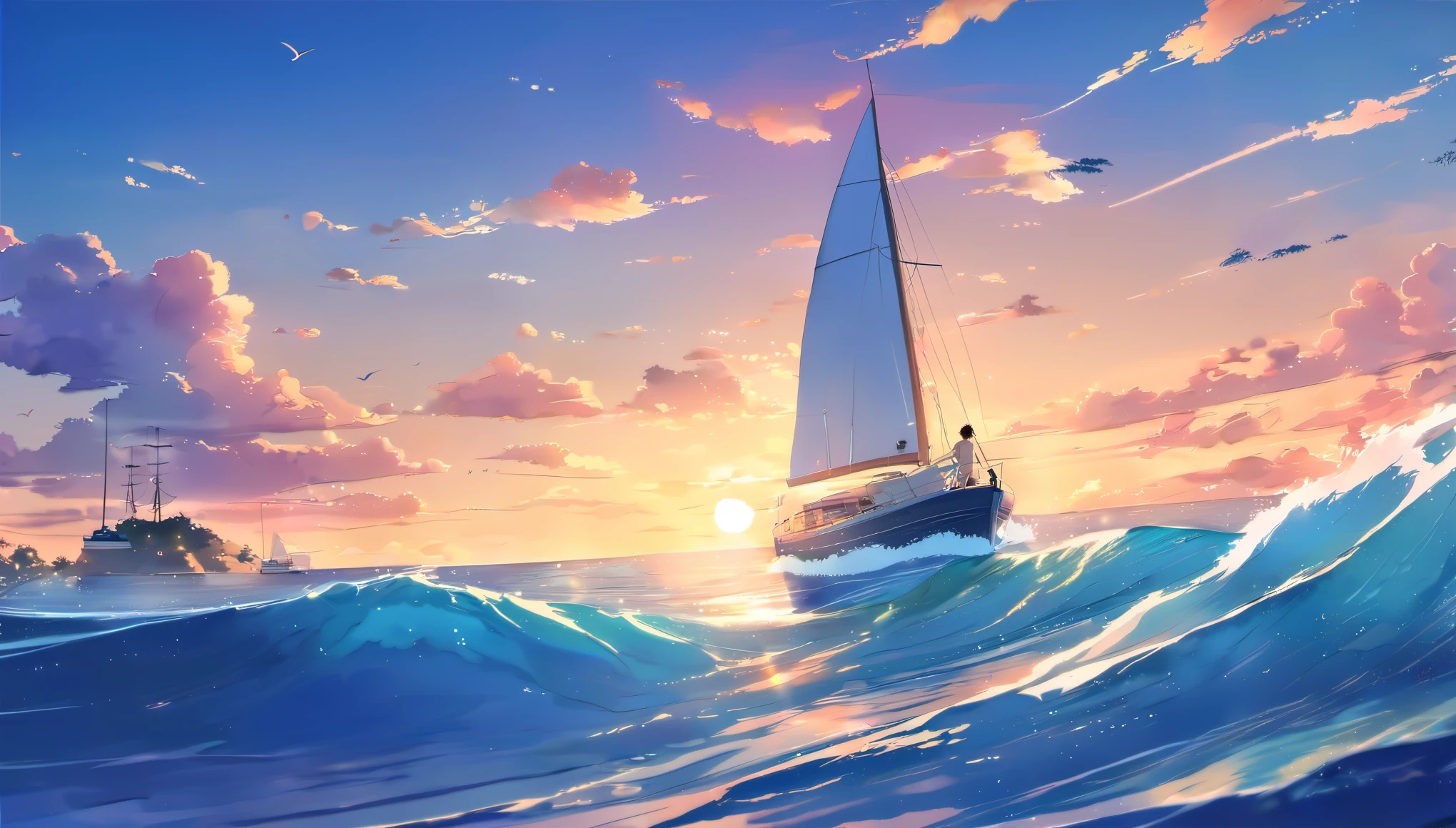 Desenho animado de um veleiro navegando no mar ao pôr do sol, Xin Haicheng Cyril Rolando, estilo de Xin Haicheng, mar azul. por Xin Haicheng, Xin Haicheng. —h 2160, ( ( Xin Haicheng ) ), Papel de parede de arte anime 8K, Xin Haicheng!, Papel de parede de arte anime 4k