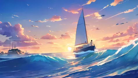 Cartoon cartoon of sailboat sailing in the sea at sunset, Xin Haicheng cyril rolando, style of Xin Haicheng, blue sea. by Xin Ha...