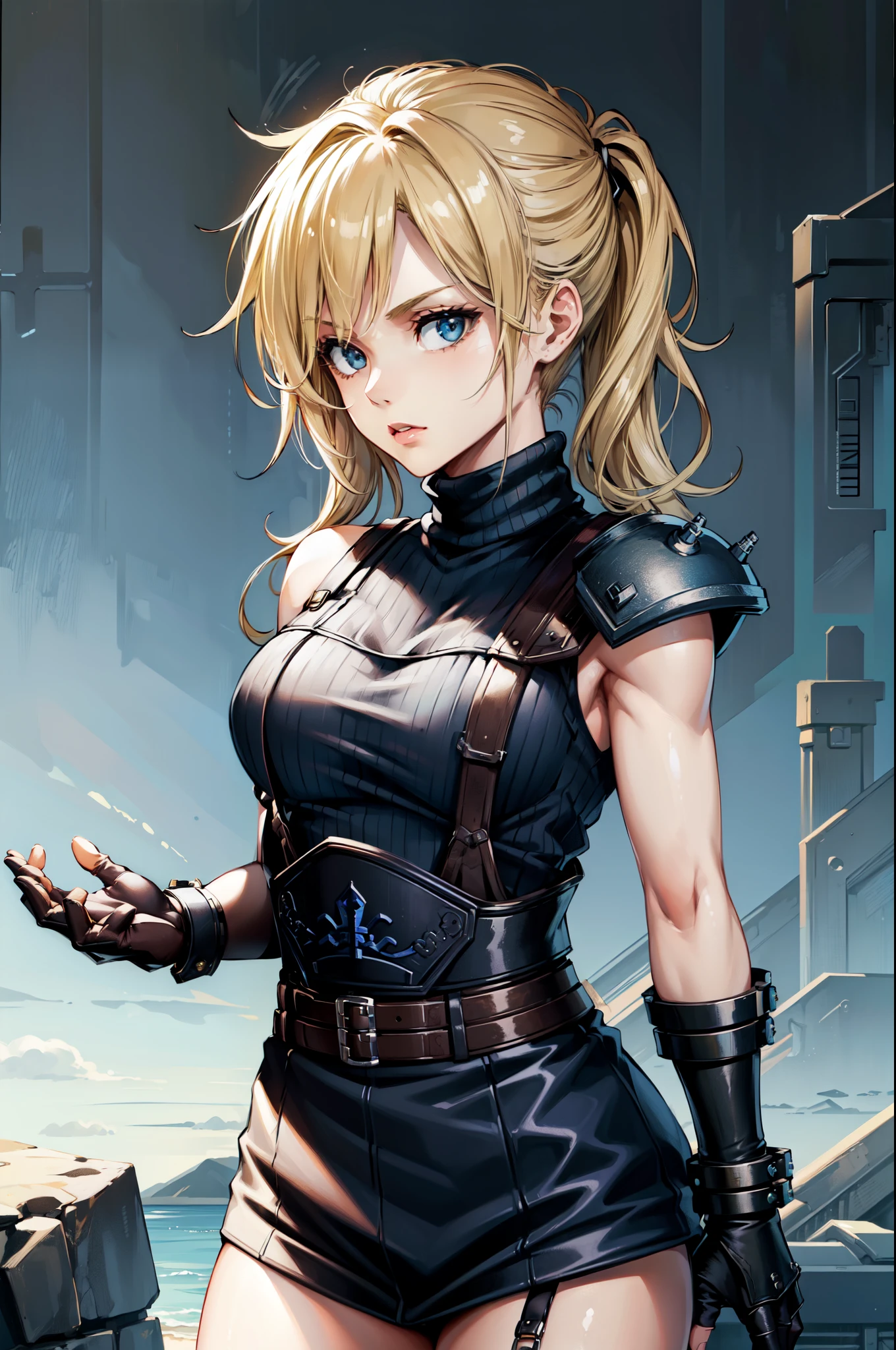 (masterpiece, best quality:1.2), expressive eyes, perfect face, highres, 1 girl, solo, (female:1.5), strife, blonde hair, shoulder armor, sleeveless turtleneck, suspenders, belt, gloves, bracer, standing, portrait, looking at viewer,