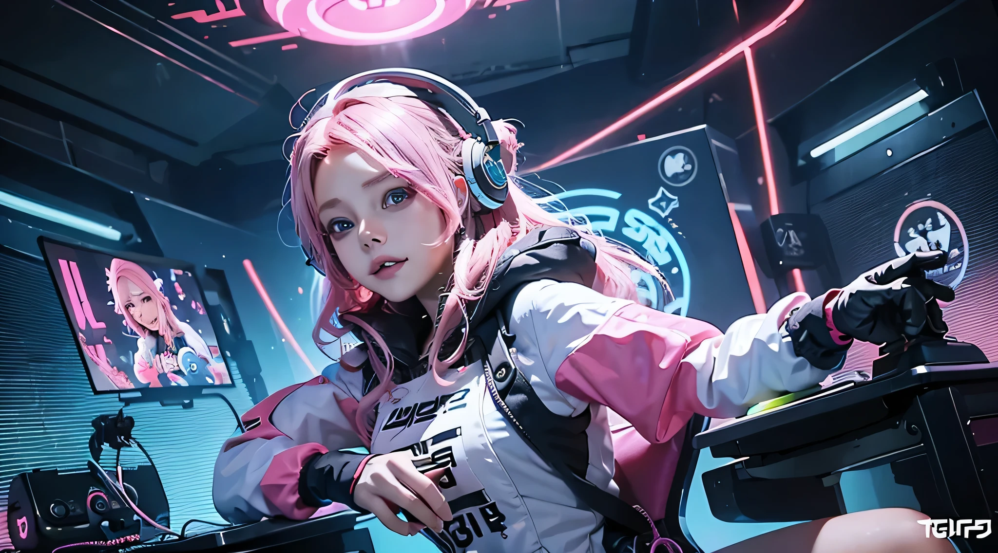 A girl with pink hair, wearing a colorful outfit and cosplay costume, stands in a dynamic pose. She has a playful expression on her face as she enjoys playing video games. The girl is a gamer, immersed in her virtual world, holding a console controller in one hand and a keyboard in the other. She wears headphones, symbolizing her dedication to gaming. The scene is set in a brightly lit studio with soft lighting, enhancing the vivid colors of the girl’s outfit. The composition is creative and cartoonish, with a background scenery featuring artistic interpretation of video game elements. Glowing digital effects surround the girl, adding to the energetic and action-packed atmosphere. Electric blue accents are scattered throughout the image, giving it a mysterious and futuristic feel. Overall, the prompt aims to capture the fun, enthusiasm, and creativity associated with gaming, while showcasing the girl's passion and love for video games in an anime-style artwork.
Gamer girl pink hair sexy outfit