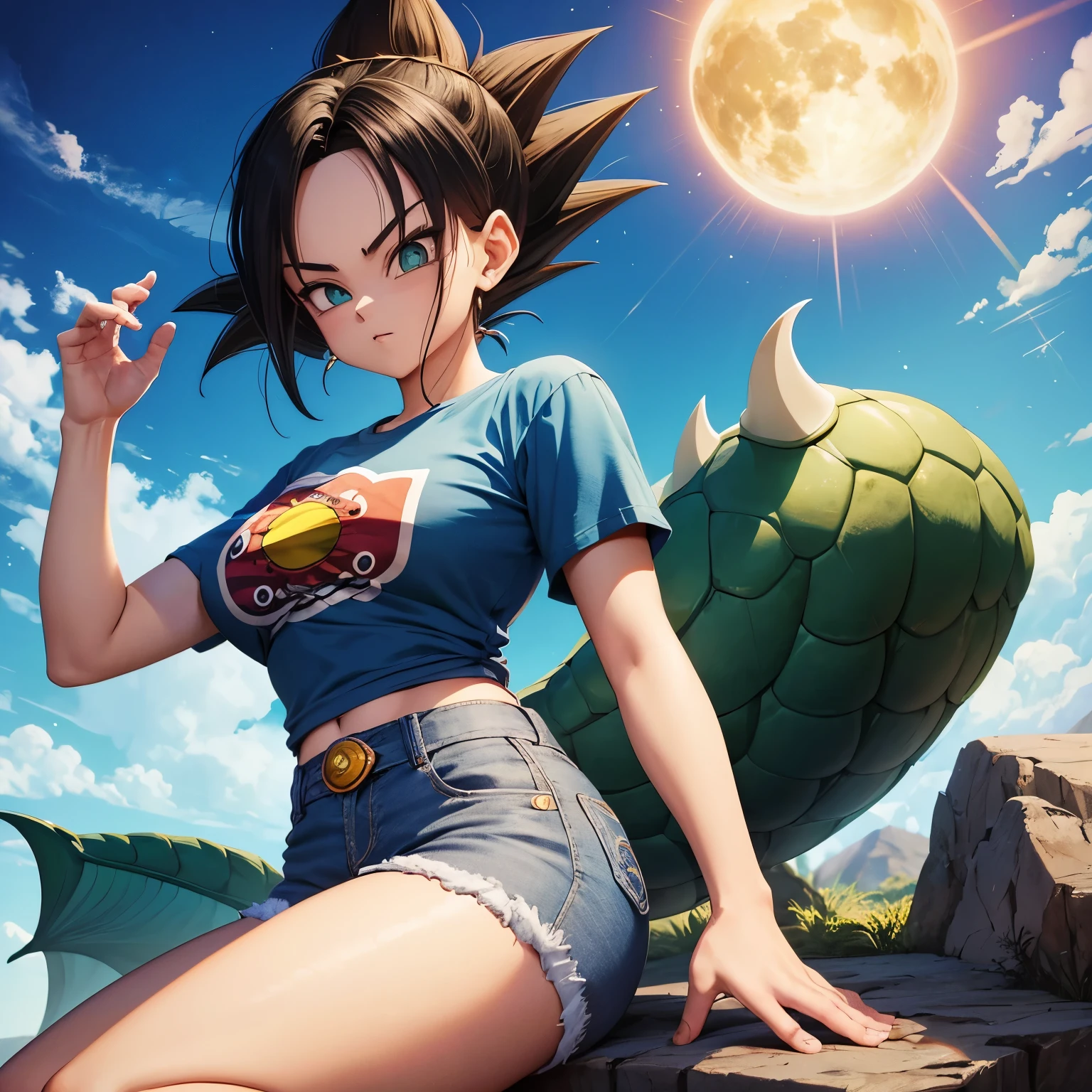 Uma garota sayajin, short jeans, dragon ball art, dragon ball, cabelo preto, rabo de macaco longo, dragon ball, esfera do Dragon, voando, feliz, forte, camisa branca, bra , blue sky, levitando, poder, Dragon