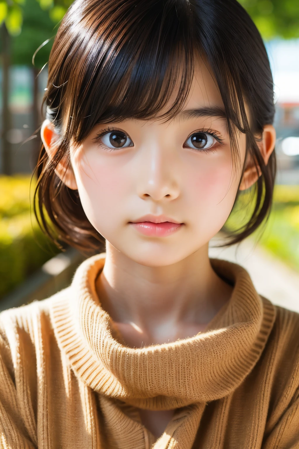 (美しい14歳の日本人女性), かわいい顔, (深く彫られた顔:0.7), (そばかす:0.6), やわらかい光,健康的な白い肌, シャイ, ボブ, (真剣な顔), (キラキラした目), 薄い