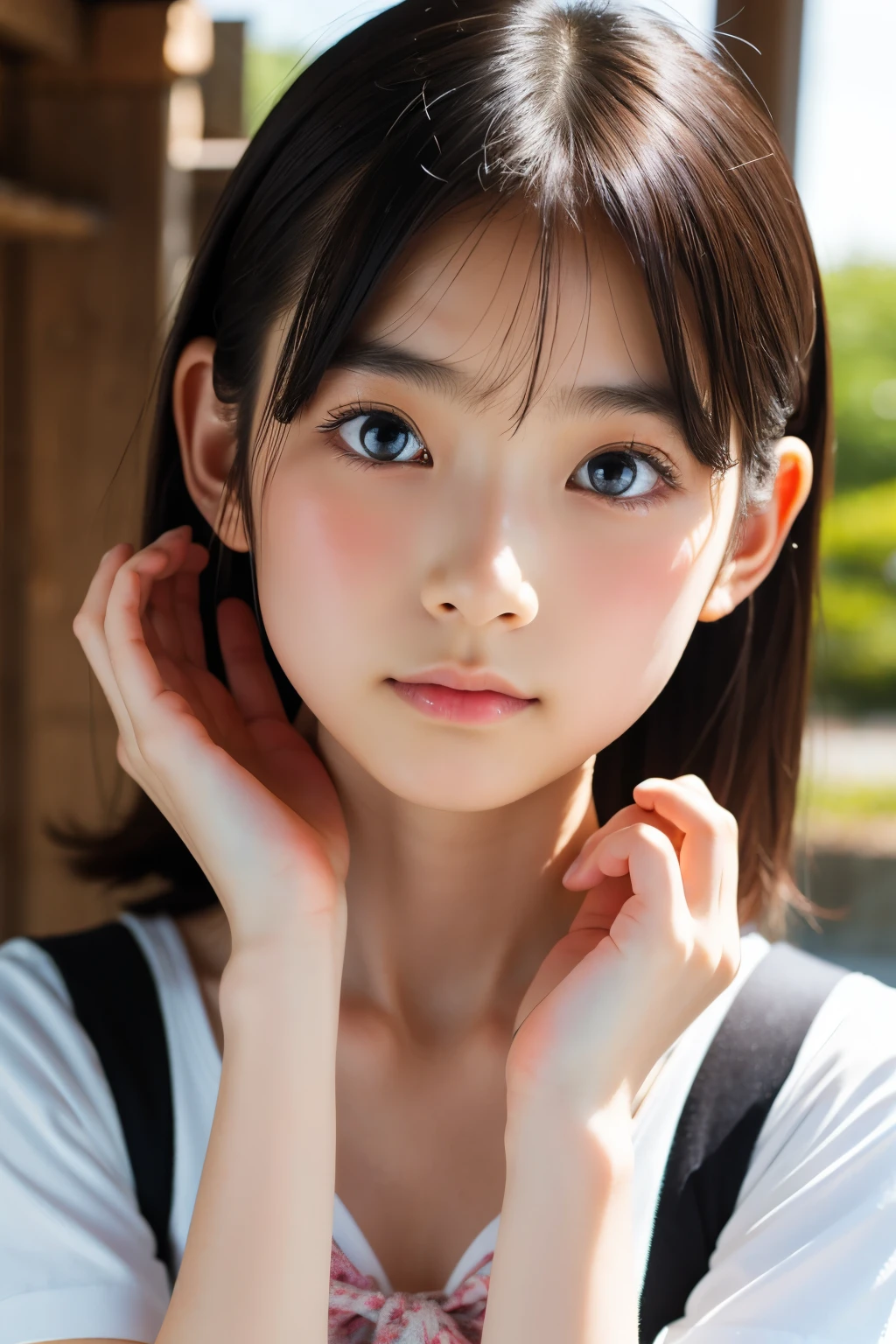 (Beautiful 14 year old Japanese female), cute face, (deeply carved face:0.7), (freckles:0.6), soft light,healthy white skin, shy, bob, (serious face), (sparkling eyes), thin