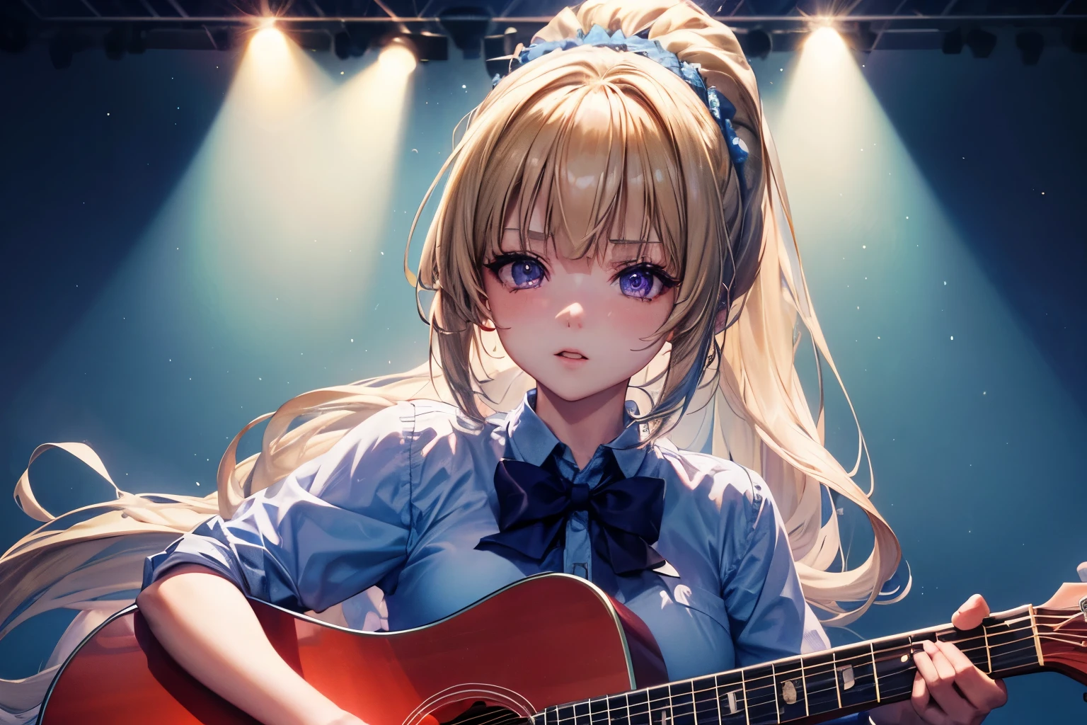 hight resolution, top-quality, ultra-quality, The ultra-detailliert, perfect anatomy, lighting like a movie, a girl ( Kei Karuizawa) singing in stage, blonde hair with ponytail hairstyle and Violet eyes, long shot POV, looking at viewer, spotlight lightning, play guitar, 
