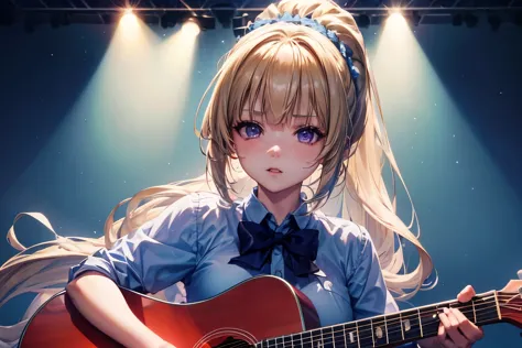 hight resolution, top-quality, ultra-quality, The ultra-detailliert, perfect anatomy, lighting like a movie, a girl ( Kei Karuizawa) singing in stage, blonde hair with ponytail hairstyle and Violet eyes, long shot POV, looking at viewer, spotlight lightnin...