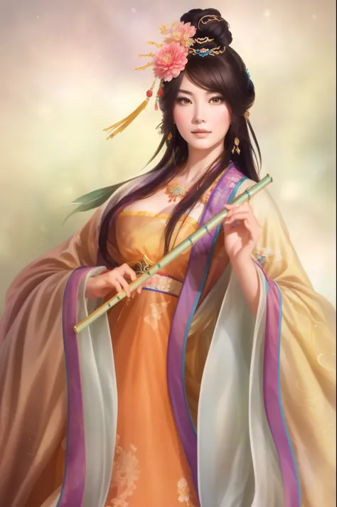 woman in dress holding flute and flowers, beautiful figure painting, ancient chinese princess, beautiful fantasy queen, ancient ...