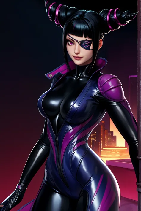 Juri , black hair,two-tone hair, hair horns, purple eyes, eyepatch,  
bodysuit, clothing cutout, 
standing, upper body, evil smi...