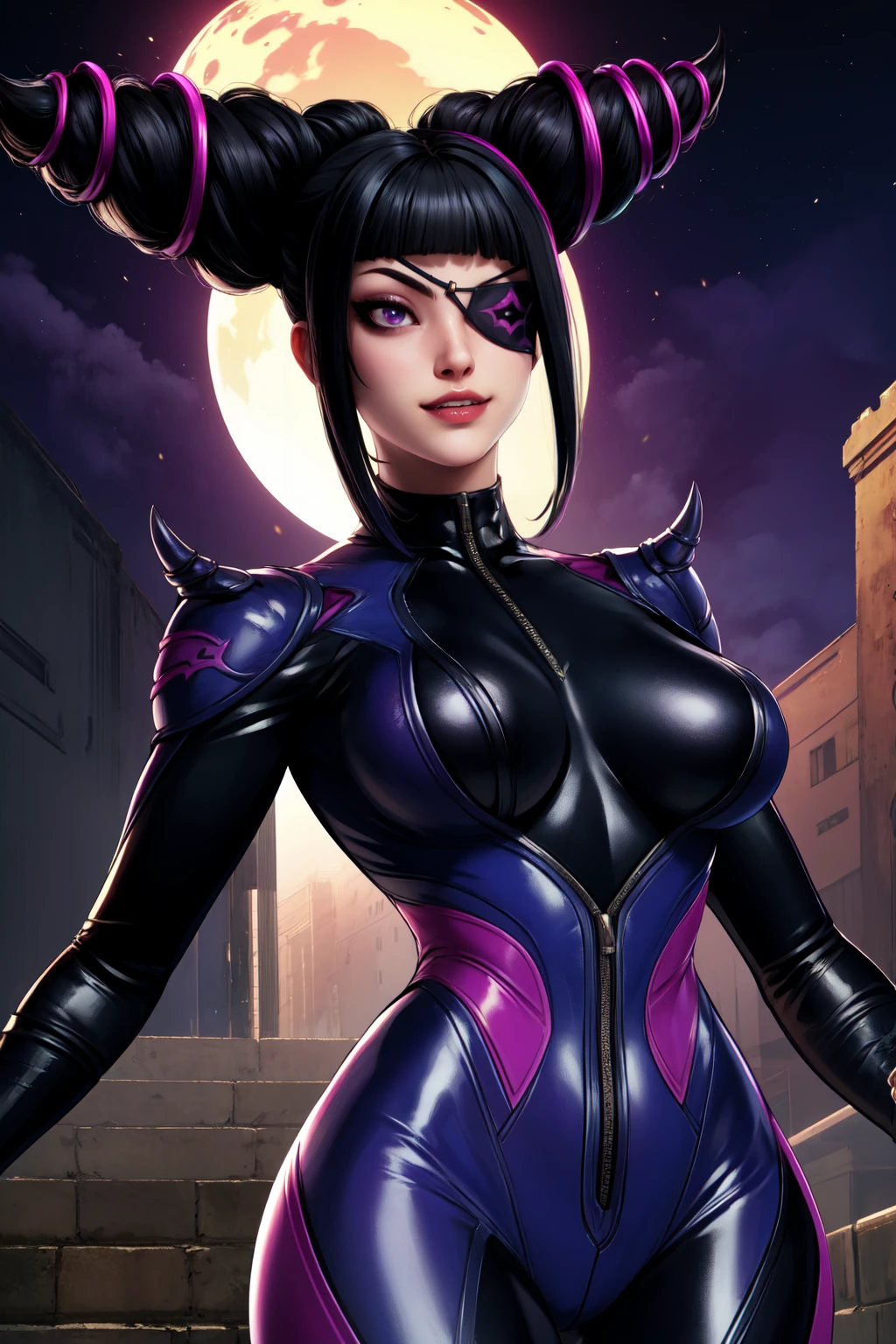 Juri , black hair,two-tone hair, hair horns, purple eyes, eyepatch,  
bodysuit, clothing cutout, 
standing, upper body, evil smile, 
night club,
(insanely detailed, beautiful detailed face,beautiful detailed eyes, masterpiece, best quality) , solo, dinamic poses, shinning eyes, walking, laying, sitiing, dinamic poses