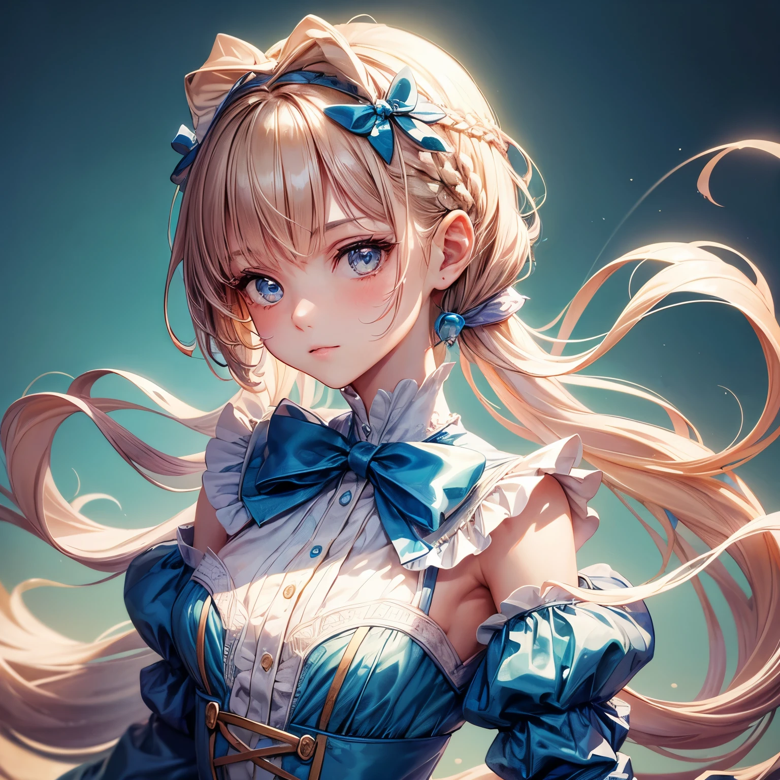 1 girl, masterpiece, best quality, 8K, Delicate skin texture, Detailed cloth texture, Beautiful and delicate face, intricate details, Super detailed, alice in wonderland, (There is a bow on her head:1.1), Upper body