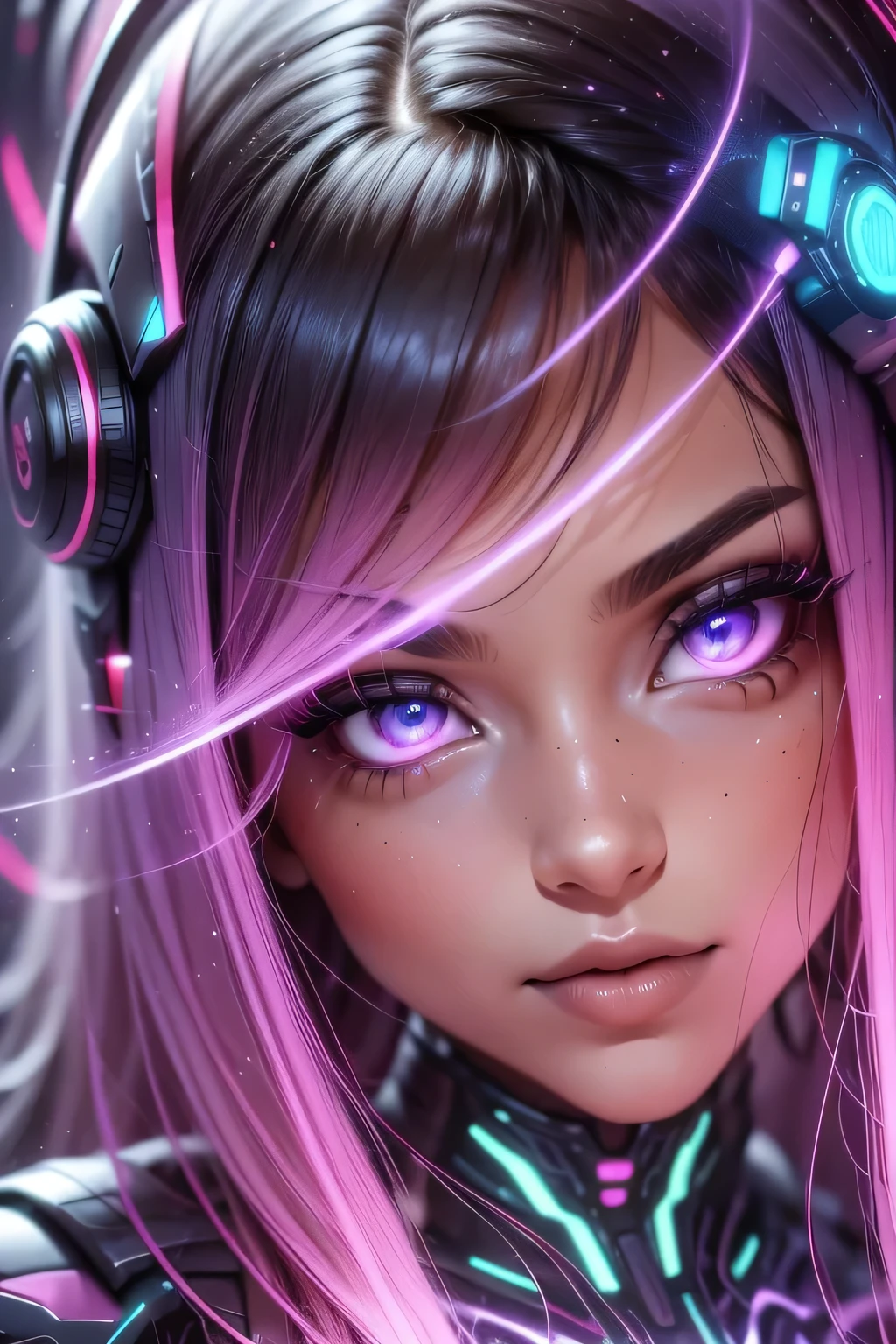 girl realistic and intricate perfect beauty face, detailed & asymmetric perfect sharp galaxy glowing eyes, detailed face, (((from face to the waist))), (((beauty shape))), ((in realistic neon-lit sci-fi black plugsuit metal mech parts and robotic tentacles with neon-lit lights)), masterpiece, 4k, UHD