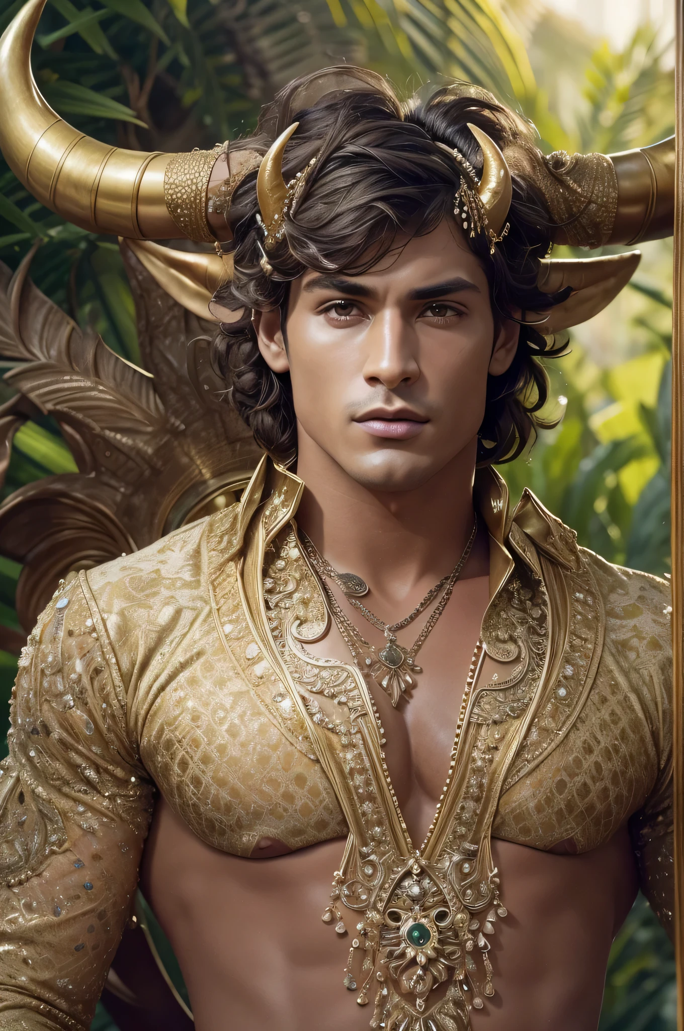 ((Photorealistic, best quality, masterpiece, 1boy, 8k, high detailed, ultra-detailed, Stylish Pose, real skin texture, cinematic lighting)) handsome male model, divine look, powerful, Create an alluring scene with a sensual male model symbolizing Taurus the steadfast bull surrounded by lush enchanted gardens and embracing the earthy and luxurious qualities of the sign. His attire is a skimpy and sexy fusion of earthy tones and opulent fabrics, reflects the Taurus penchant for both comfort and indulgence, (bull horns on head)