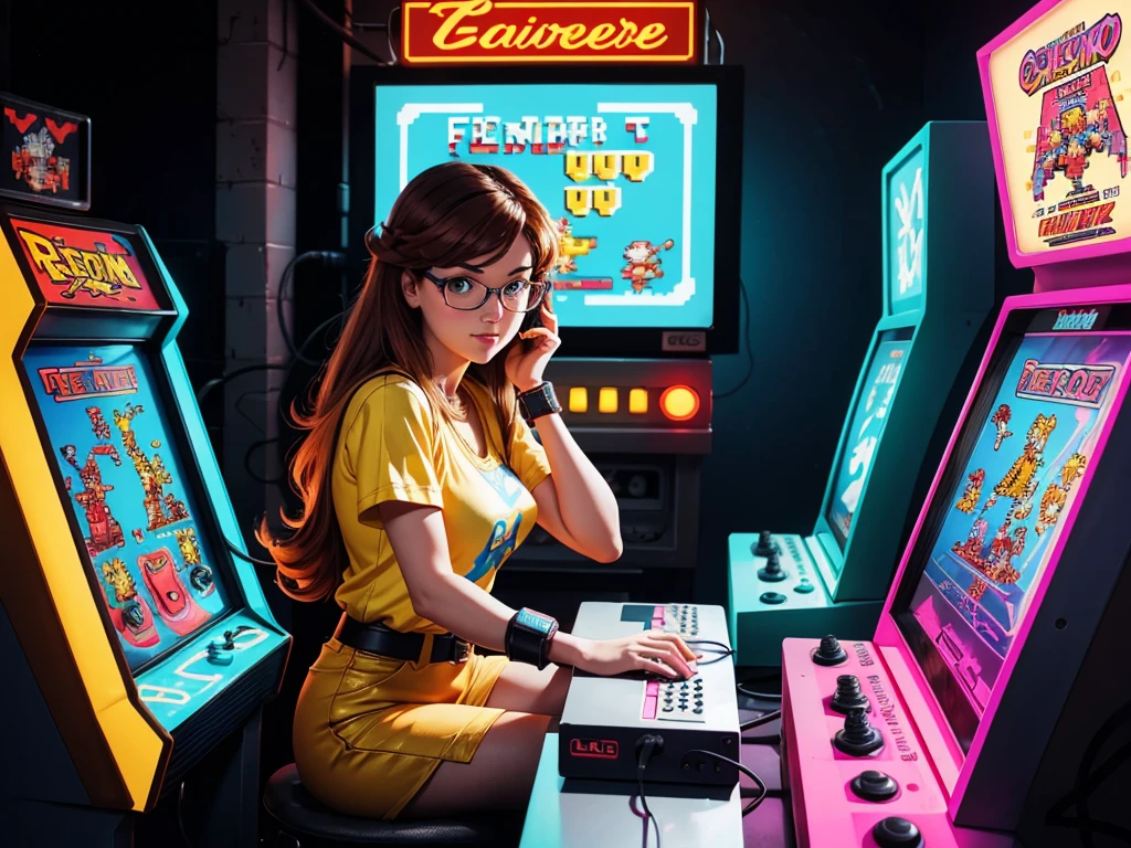 (best quality,highres),girl playing retro shooting game on an 8-bit computer,immersed in the game,vivid colors,80s nostalgia,retro arcade gaming,classic pixel art,playful,retro cartridges collection,neon lights,glowing effects,retro console setup,old-school controller,retro gaming culture,enthusiastic expression,iconic arcade cabinet in the background,retro gaming community,8-bit graphics,blinking arcade marquee,retro gaming memorabilia,joystick,retro game sound effects,sitting in her cozy room with vintage posters,old-fashioned computer desk,collecting high scores,nerdy glasses,exciting gameplay,blast from the past,pixel-perfect gaming experience,8-bit explosions and power-ups,retro game challenges,soundtrack straight out of the 80s,hidden easter eggs,retro gaming addiction,screen full of vibrant retro enemies and obstacles,fast-paced action,dedicated gamer,glimmering retro sparks,retro game-inspired fashion trends,game over screen with high score leaderboard,retro game competition with her friends,full immersion in the 80s gaming universe,retro game secrets to discover,classic retro game characters,retro arcade atmosphere.