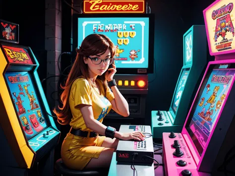 (best quality,highres),girl playing retro shooting game on an 8-bit computer,immersed in the game,vivid colors,80s nostalgia,ret...