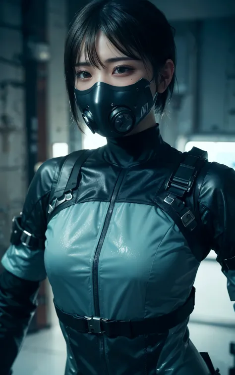 Dark Body 8K Drive Rendering, Teenage Female Cyborg, Green Shortcut Hair, Wear wearing rash-guard likes police uniform, black an...