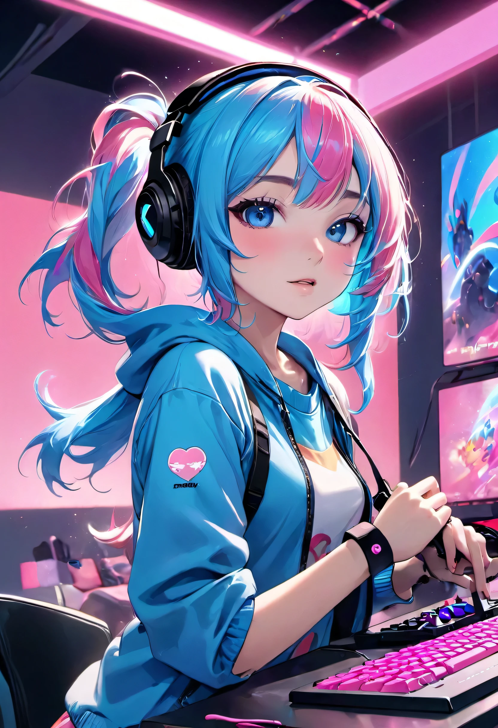 A girl with pink blue hair, wearing a colorful outfit and cosplay costume, stands in a dynamic pose. She has a playful expression on her face as she enjoys playing video games. The girl is a gamer, immersed in her virtual world, holding a console controller in one hand and a keyboard in the other. She wears headphones, symbolizing her dedication to gaming. The scene is set in a brightly lit studio with soft lighting, enhancing the vivid colors of the girl’s outfit. The composition is creative and cartoonish, with a background scenery featuring artistic interpretation of video game elements. Glowing digital effects surround the girl, adding to the energetic and action-packed atmosphere. Electric blue accents are scattered throughout the image, giving it a mysterious and futuristic feel. Overall, the prompt aims to capture the fun, enthusiasm, and creativity associated with gaming, while showcasing the girl's passion and love for video games in an anime-style artwork.
Gamer girl pink blue hair sexy outfit