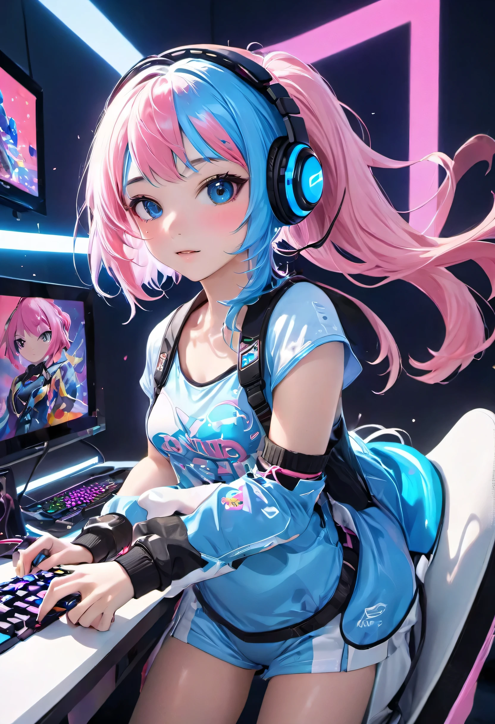 A girl with pink blue hair, wearing a colorful outfit and cosplay costume, stands in a dynamic pose. She has a playful expression on her face as she enjoys playing video games. The girl is a gamer, immersed in her virtual world, holding a console controller in one hand and a keyboard in the other. She wears headphones, symbolizing her dedication to gaming. The scene is set in a brightly lit studio with soft lighting, enhancing the vivid colors of the girl’s outfit. The composition is creative and cartoonish, with a background scenery featuring artistic interpretation of video game elements. Glowing digital effects surround the girl, adding to the energetic and action-packed atmosphere. Electric blue accents are scattered throughout the image, giving it a mysterious and futuristic feel. Overall, the prompt aims to capture the fun, enthusiasm, and creativity associated with gaming, while showcasing the girl's passion and love for video games in an anime-style artwork.
Gamer girl pink blue hair sexy outfit