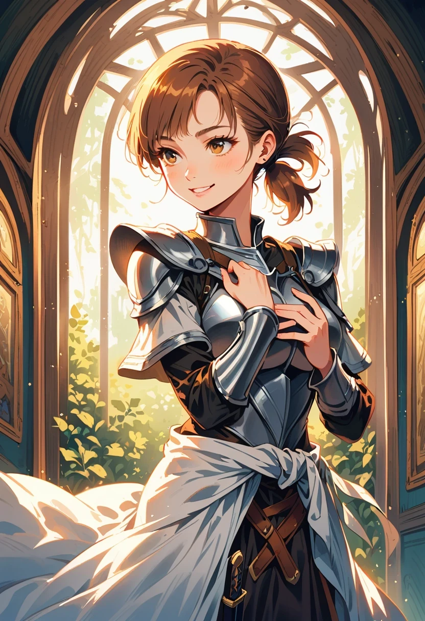 Asuna, Asuna_(Star), (1 girl,alone) ,fantasy, high resolution, No. 19,  The original, (Worn in a sheath around the waist:1.3), Smile, (white knight wizard cloak:1.5), short hair, medium breasts, looking at the audience, Bangs ,Delicate hazel eyes, beautiful background, ((morning sun,Western style private room)), Put your hands on your chest,(brown hair,short ponytail:1.5), (Platinum Knight Wizard Full Armor:1.55),short hair, permanent,direct, Abeke,(whole body:1.1), white stockings,(Abeke:1.4),