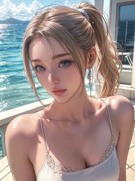 white bright skin, american girl, a 22 years old girl on the sea side terrace,(ideal ratio body proportions:1.5),
 (((masterpiece))), ((best quality)), ((intricate detailed)), ((Hyperrealistic)), absurd res, young, young girl, perspective, highly detailed, illustration, 1girl, ((soft huge big breasts)), perfect hands, detailed fingers, finger on her lips, ahegao, beautiful detailed eyes, blonde wavy ponytail hair, wet hair, blue eyes, eye liner, maskara, blussed eyes, colord swimsuit, huge breast, earrings, detailed girl, perfect eyes, seductive eyes, front view,(gravure pose), realistic skin, realistic shadows,(looking at camera:1.4),