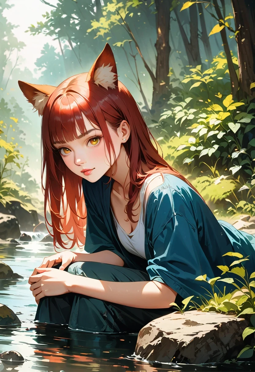 8K, best quality, (lifelike:1.4), original photo, 1 girl, Red hair, Animal ears, blue hooded cloak, ears sticking out, posture: sitting on rocks in forest river, yellow eyes,  -