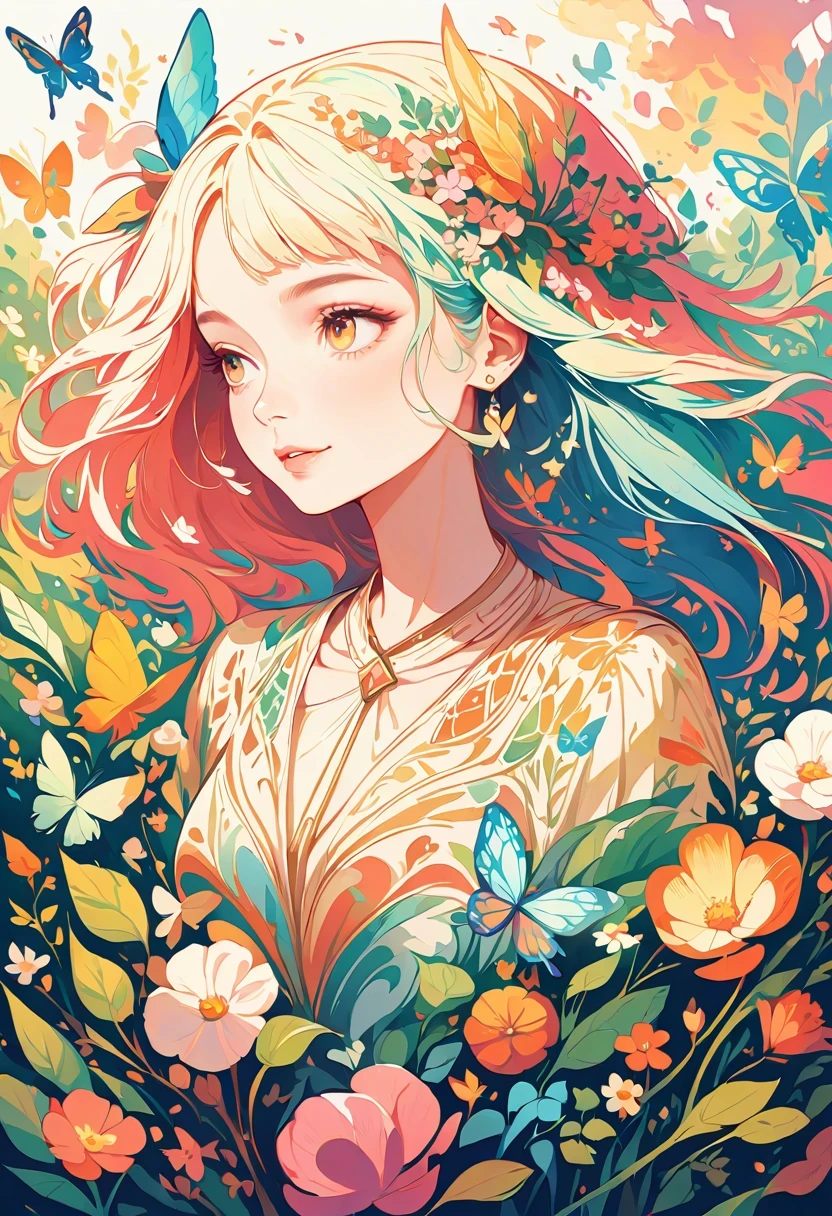 flat illustration，butterfly head girl, Surrounded by colorful gardens, Soft and soothing colors, vibrant flowers, butterflies flying around, gentlesunlight, dreamlike atmosphere, detailed and actual features, smooth strokes, Oil painting medium, High quality and High resolution, Magical and surreal style, Fascinating and imaginative scenes, happy and calm mood, Intricate patterns on butterfly wings, Delicate petals and leaves, work, Ethereal and charming atmosphere, girl calm expression, Grab the audience&#39;s concern, a masterpiece that evokes emotions and sparks creativity. (best quality, 4K, High resolution, masterpiece:1.2), super detailed, actual:1.37, vector art style, bright colors, soft light, charming garden, Magical butterflies