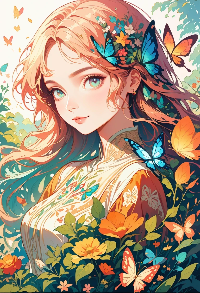 flat illustration，butterfly head girl, Surrounded by colorful gardens, Soft and soothing colors, vibrant flowers, butterflies flying around, gentlesunlight, dreamlike atmosphere, detailed and actual features, smooth strokes, Oil painting medium, High quality and High resolution, Magical and surreal style, Fascinating and imaginative scenes, happy and calm mood, Intricate patterns on butterfly wings, Delicate petals and leaves, work, Ethereal and charming atmosphere, girl calm expression, Grab the audience&#39;s concern, a masterpiece that evokes emotions and sparks creativity. (best quality, 4K, High resolution, masterpiece:1.2), super detailed, actual:1.37, vector art style, bright colors, soft light, charming garden, Magical butterflies