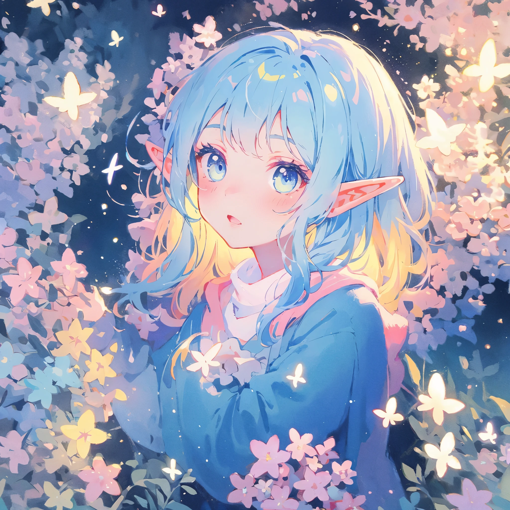 elf girl, bright colorful hair, magical, whimsical, fantasy, otherworldly, extremely detailed face, masterpiece, perfect illumination, (pastel colors)